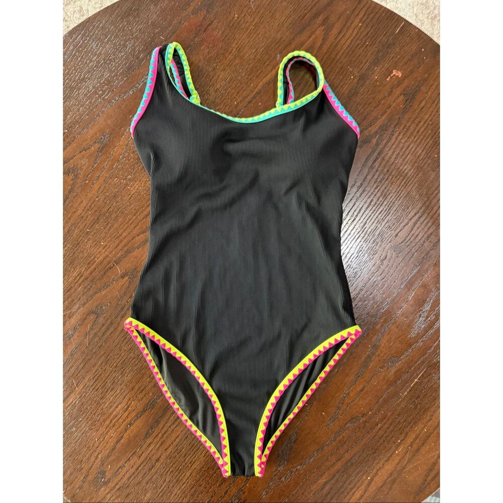 NWT Popvil Women’s Ribbed Tummy Control One-Piece Swimsuit Black Neon Sz Medium